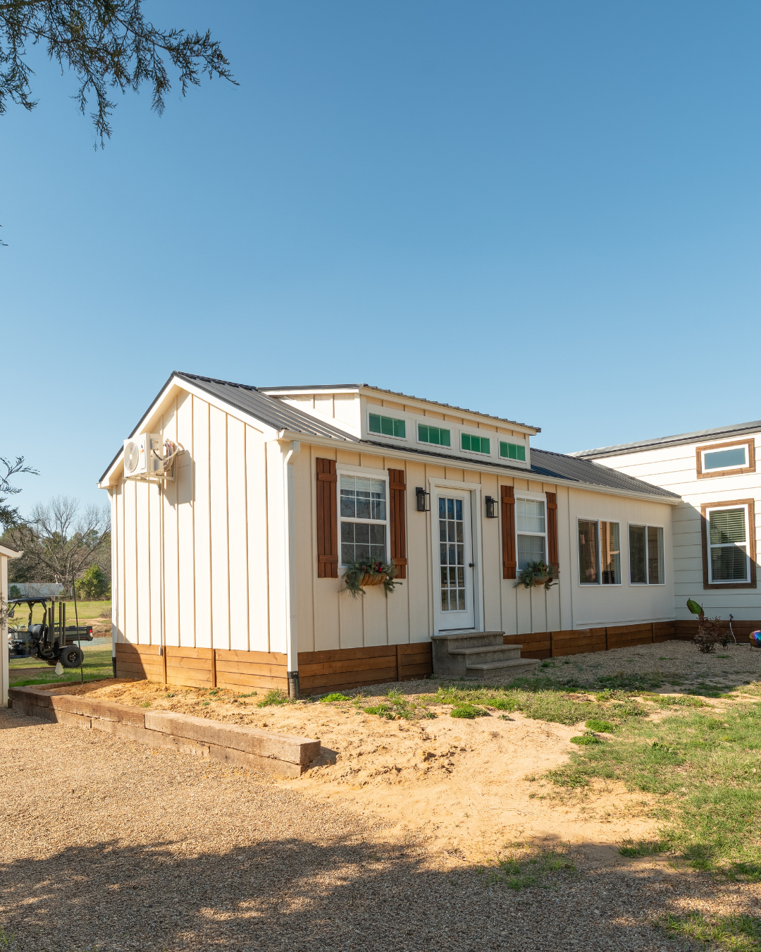 Cream board and batten siding on portable buildings