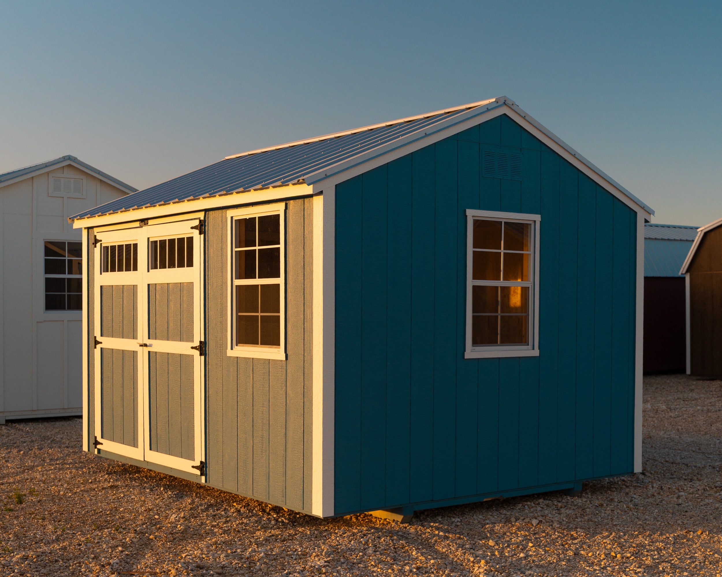 Picture of a garden shed at golden hour in Texas, built by Quality Storage Buildings