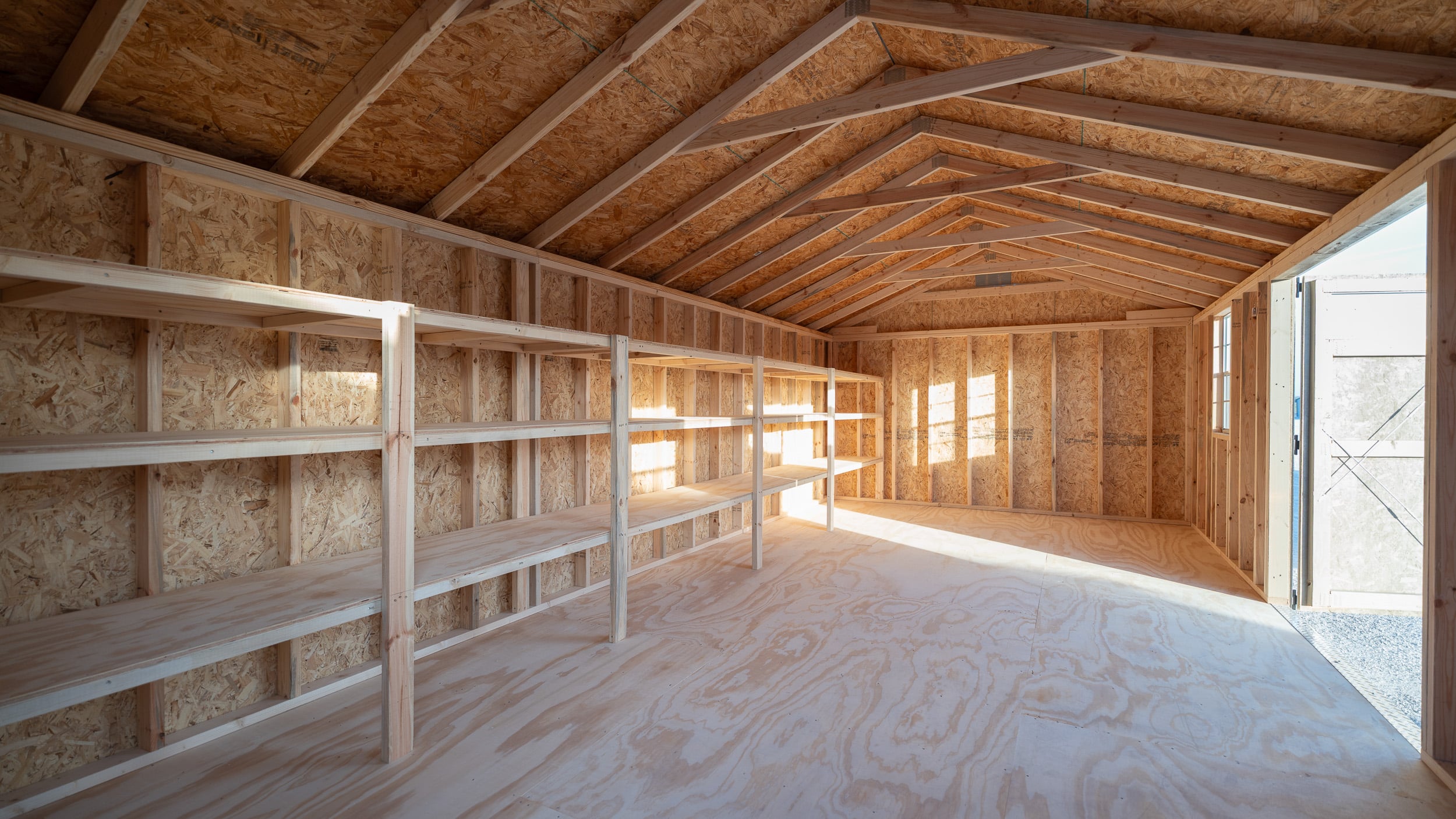 Interior of a garden shed from Quality Storage Buildings, a manufacturer in Itasca, Texas